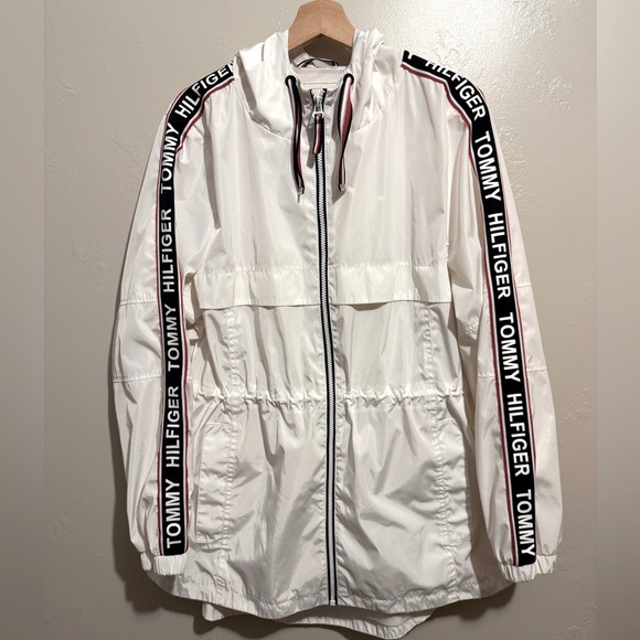 Tommy Hilfiger Long Windbreaker Logo Jacket Women's Size Large White, Red & Blue - Picture 2 of 16
